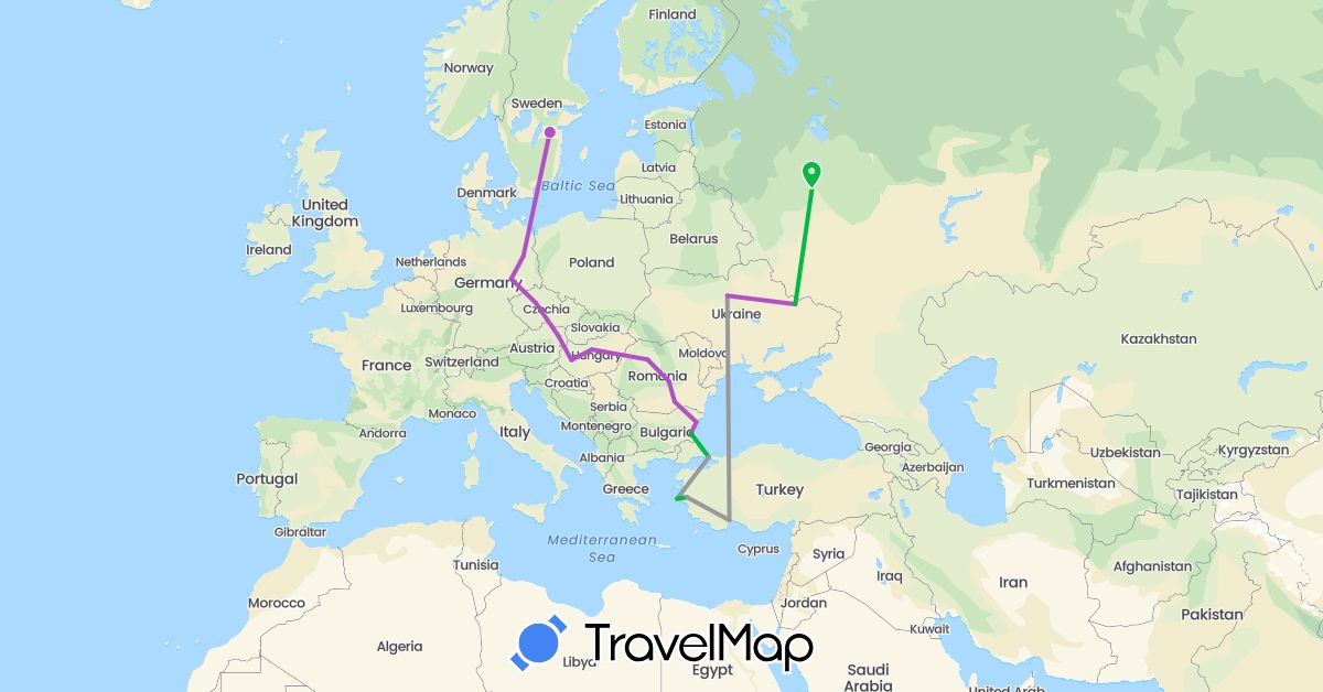 TravelMap itinerary: driving, bus, plane, train in Austria, Bulgaria, Czech Republic, Germany, Hungary, Romania, Russia, Sweden, Turkey, Ukraine (Asia, Europe)
